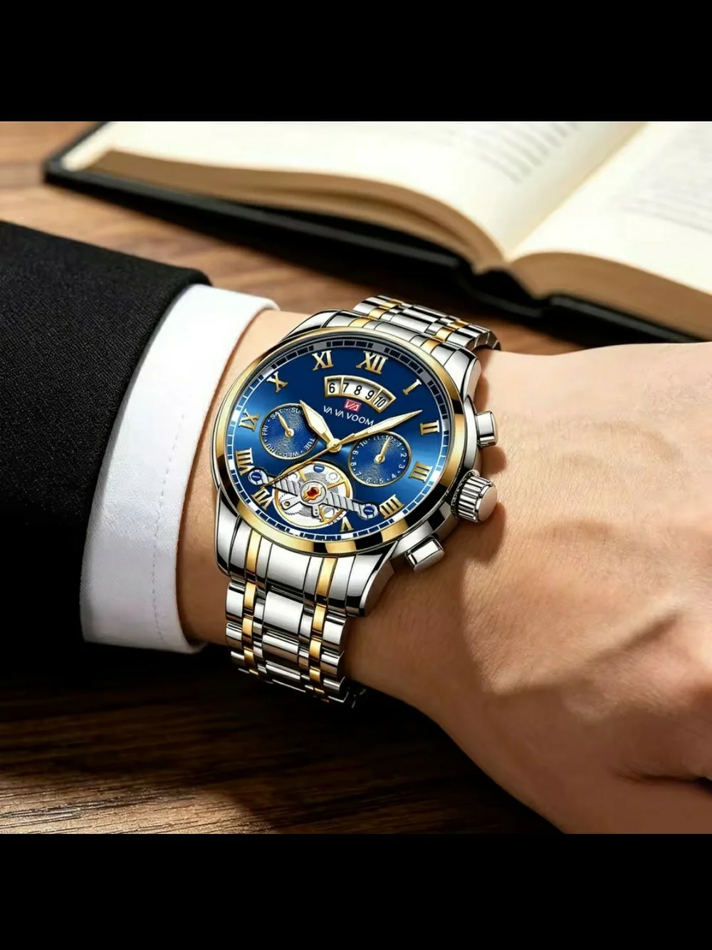 Men's Luxury Style Two-Tone Stainless Steel Watch – Blue Dial Water resistance